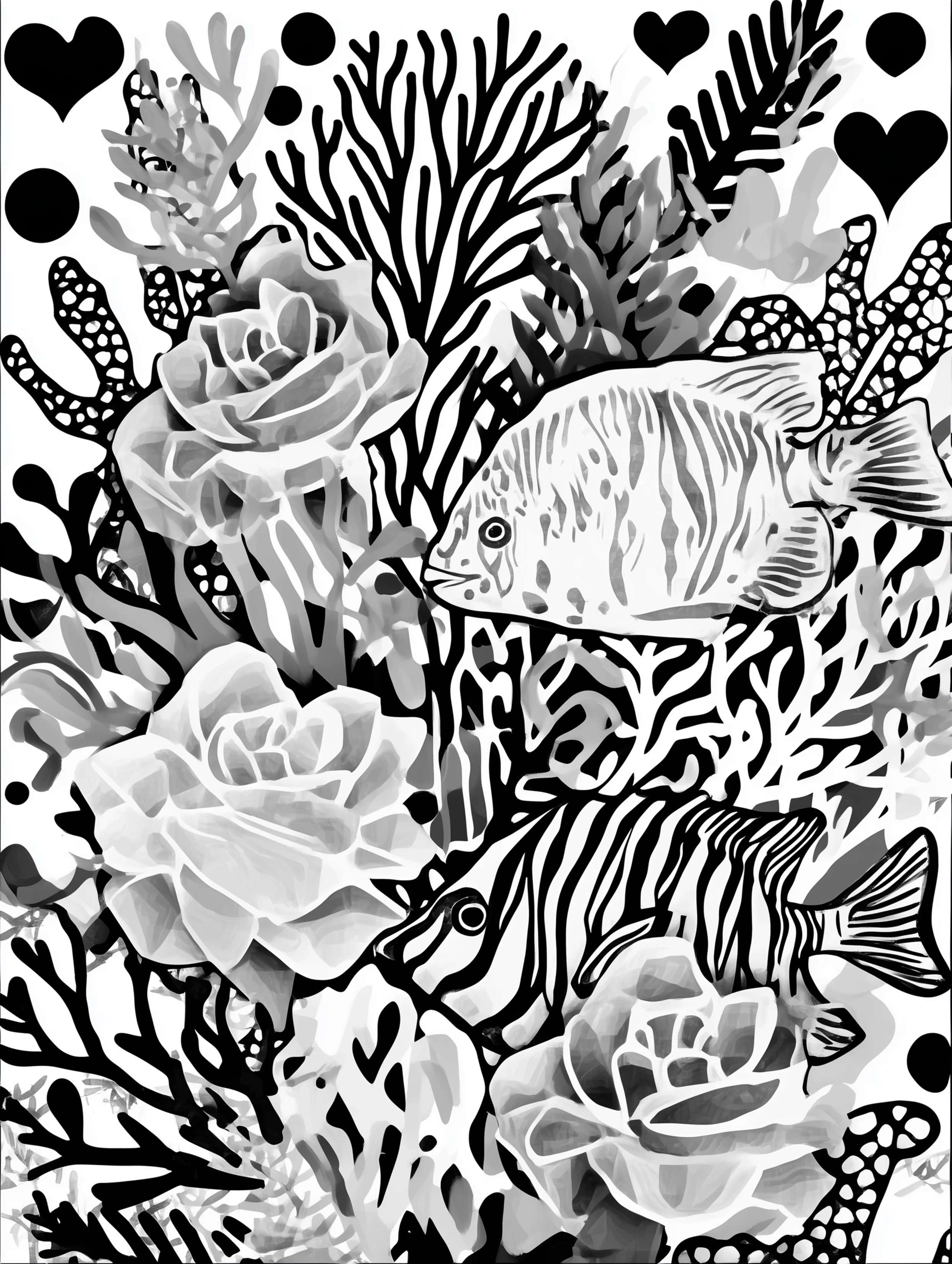 Free printable coloring page for adults featuring undersea fish illustration